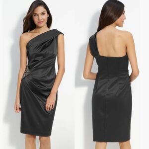 Eliza J Nordstorm Beaded One Shoulder Satin Midi Dress